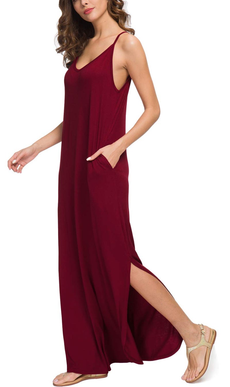 GRECERELLE Women's Summer Casual Loose Dress Beach Cover Up Long Cami Maxi Dress with Pocket Wine Red-Small - Image 2